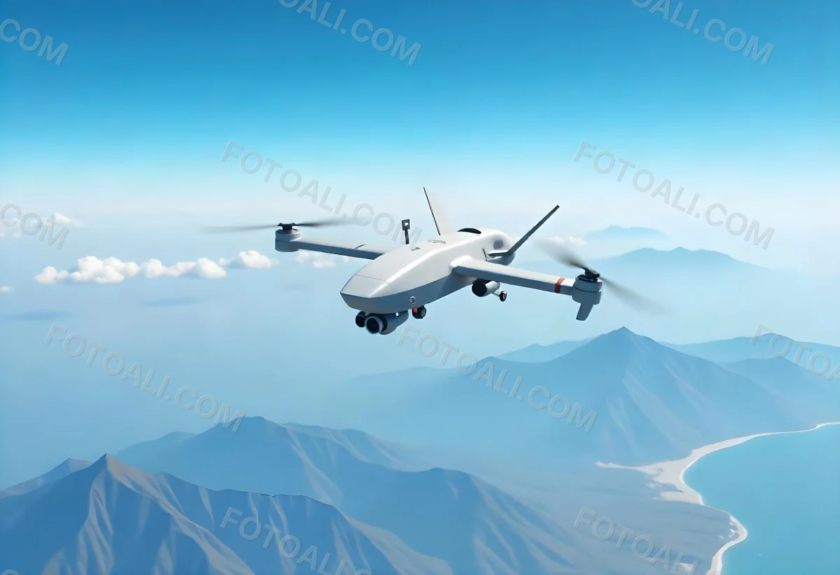 A Military Drone Flying Over A Mountainous Landscape Clear Blue Sky Aerial Perspective Sharp Focus Natural Lighting Daytime High Altitude Surveillance Mission Advanced Technology Unmanned Aircraft 12 6810