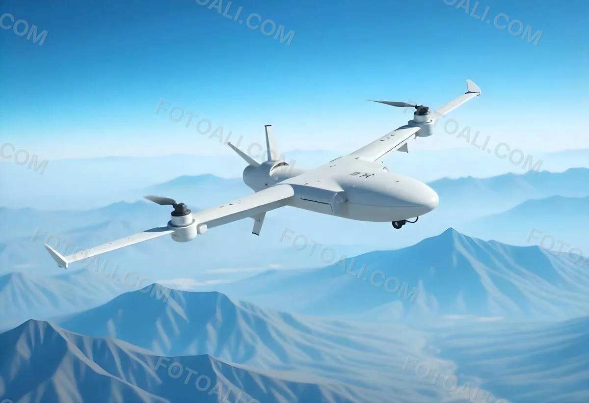 A Military Drone Flying Over A Mountainous Landscape Clear Blue Sky Aerial Perspective Sharp Focus Natural Lighting Daytime High Altitude Surveillance Mission Advanced Technology Unmanned Aircraft 17 D0cc