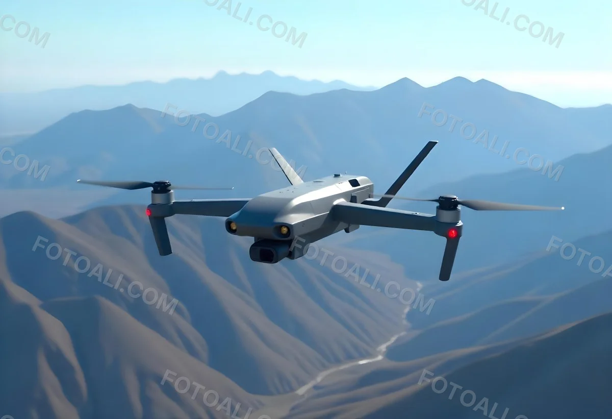 A Military Drone Flying Over A Mountainous Landscape Clear Blue Sky Aerial Perspective Sharp Focus Natural Lighting Daytime High Altitude Surveillance Mission Advanced Technology Unmanned Aircraft 18 2be5