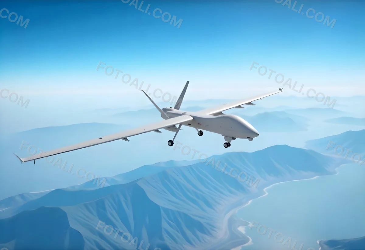 A Military Drone Flying Over A Mountainous Landscape Clear Blue Sky Aerial Perspective Sharp Focus Natural Lighting Daytime High Altitude Surveillance Mission Advanced Technology Unmanned Aircraft 3 4ae2