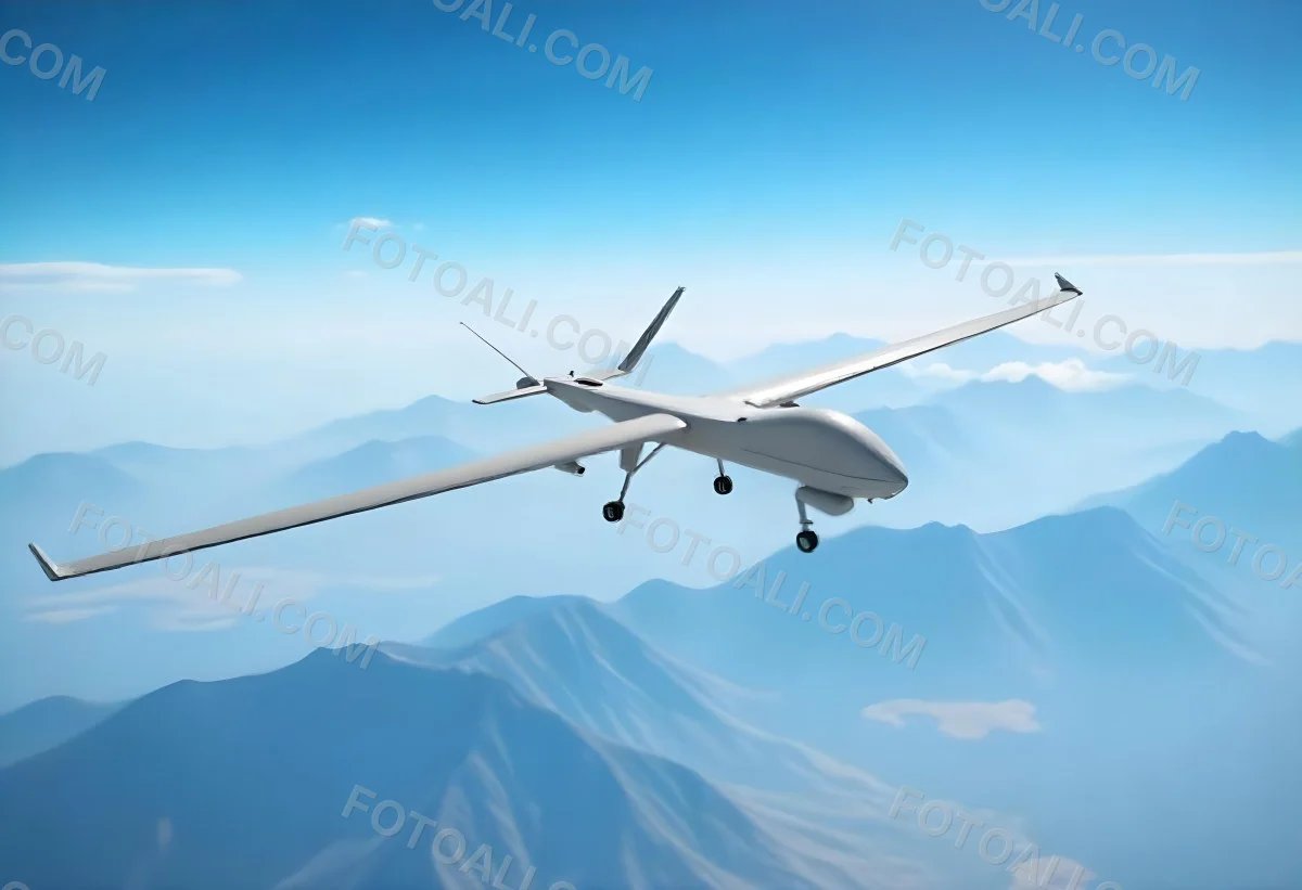 A Military Drone Flying Over A Mountainous Landscape Clear Blue Sky Aerial Perspective Sharp Focus Natural Lighting Daytime High Altitude Surveillance Mission Advanced Technology Unmanned Aircraft 5 4b84