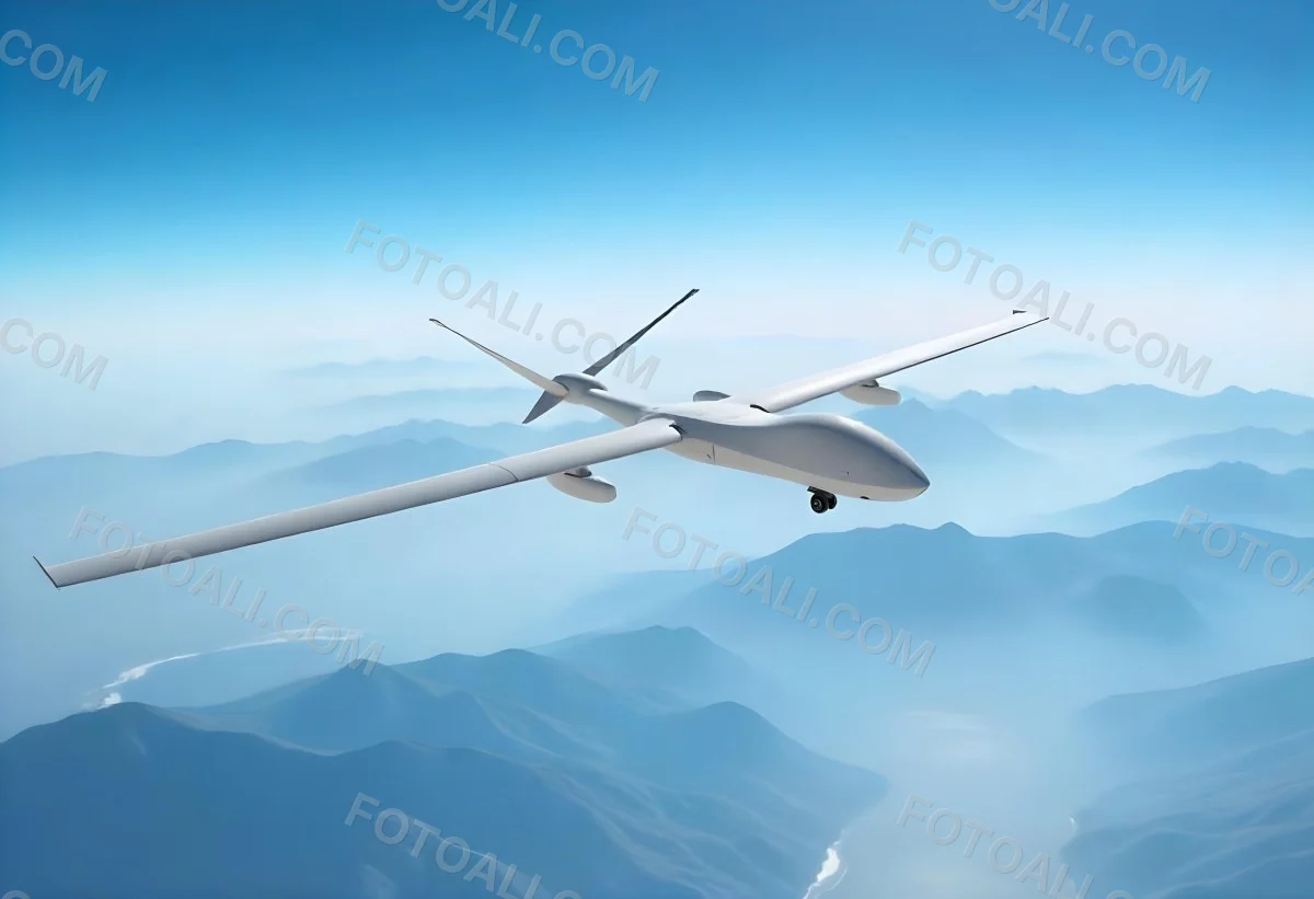A Military Drone Flying Over A Mountainous Landscape Clear Blue Sky Aerial Perspective Sharp Focus Natural Lighting Daytime High Altitude Surveillance Mission Advanced Technology Unmanned Aircraft 7 B6af