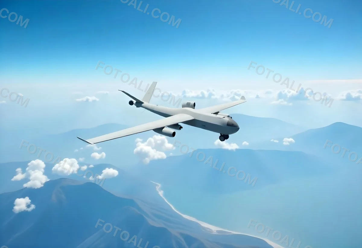 A Military Drone Flying Over A Mountainous Landscape Clear Blue Sky Aerial Perspective Sharp Focus Natural Lighting Daytime High Altitude Surveillance Mission Advanced Technology Unmanned Aircraft 9 2302