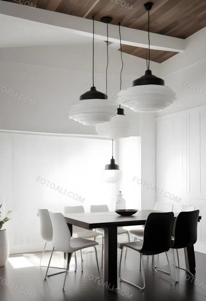 A Minimalist Dining Room With A Wooden Table Chairs And A Pendant Lamp Hanging Above The Table The Walls Are White 10 E36d
