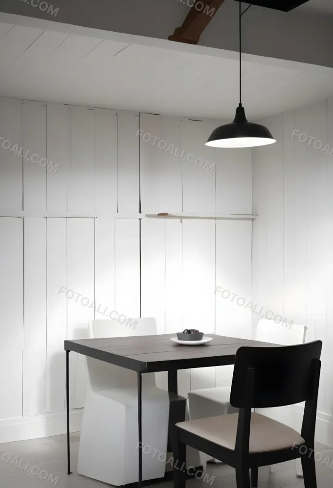 A Minimalist Dining Room With A Wooden Table Chairs And A Pendant Lamp Hanging Above The Table The Walls Are White 14 Bf61