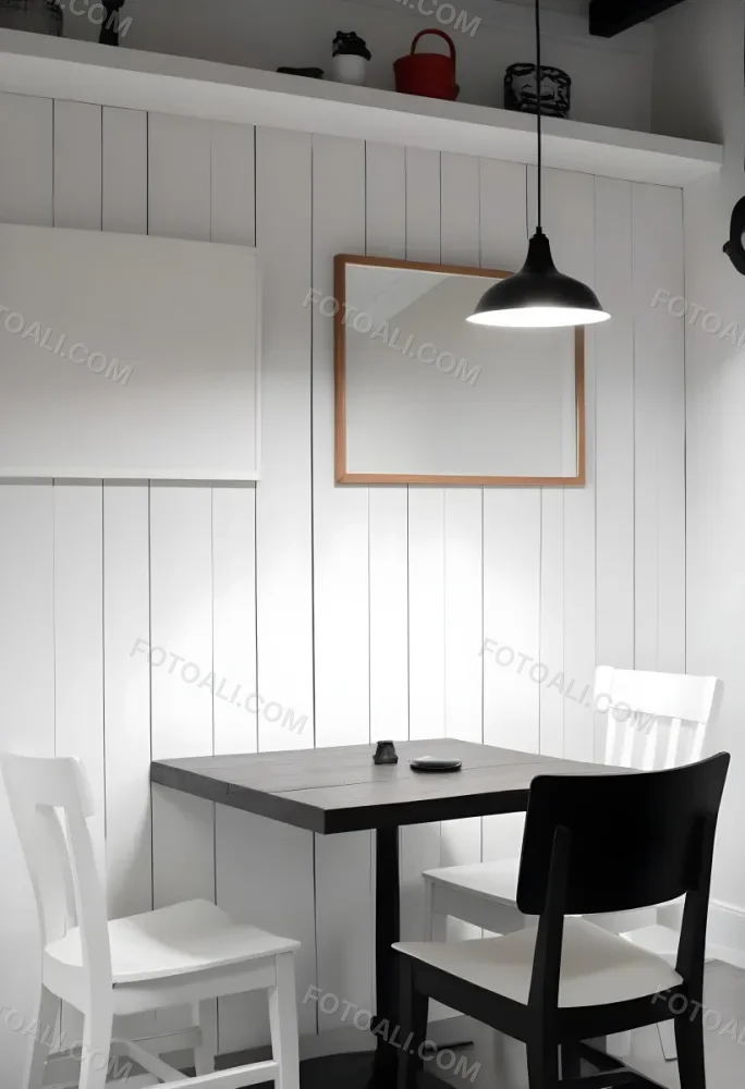 A Minimalist Dining Room With A Wooden Table Chairs And A Pendant Lamp Hanging Above The Table The Walls Are White 27 6998