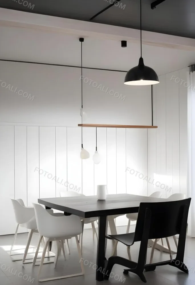 A Minimalist Dining Room With A Wooden Table Chairs And A Pendant Lamp Hanging Above The Table The Walls Are White 30 50f1