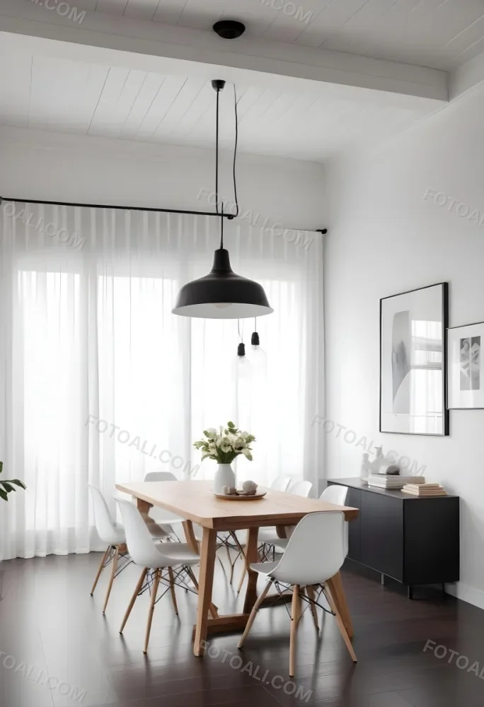 A Minimalist Dining Room With A Wooden Table Chairs And A Pendant Lamp Hanging Above The Table The Walls Are White 43 4a7b