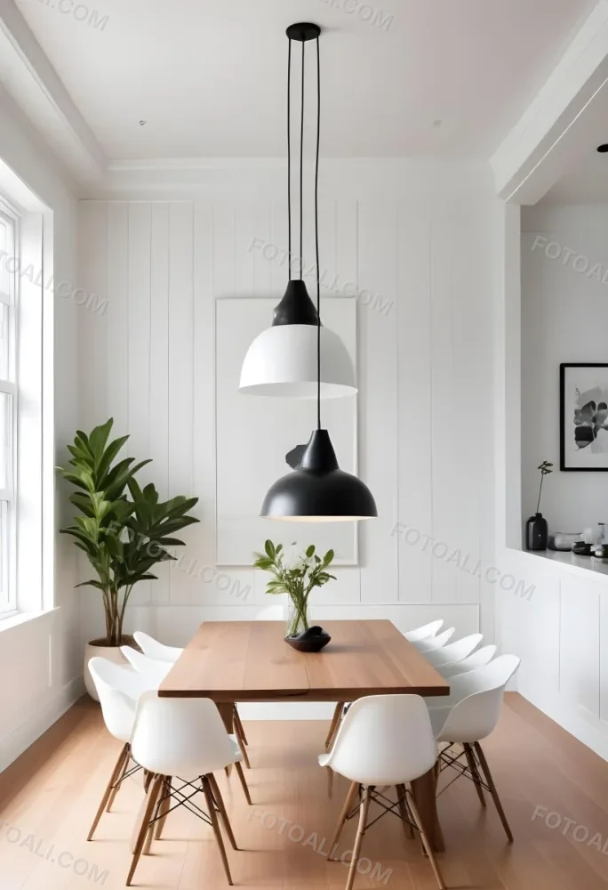 A Minimalist Dining Room With A Wooden Table Chairs And A Pendant Lamp Hanging Above The Table The Walls Are White 45 Aaaf