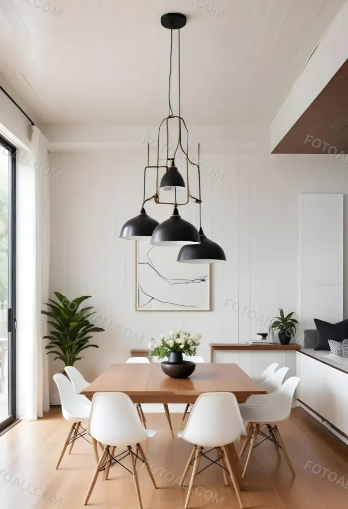 A Minimalist Dining Room With A Wooden Table Chairs And A Pendant Lamp Hanging Above The Table The Walls Are White 49 1963