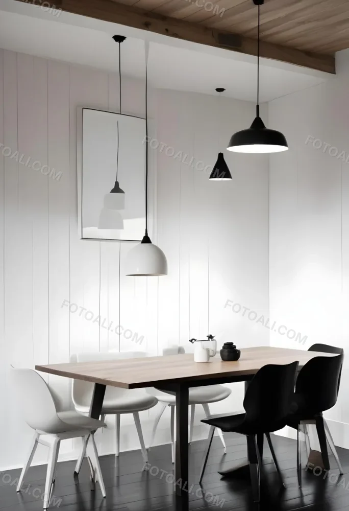 A Minimalist Dining Room With A Wooden Table Chairs And A Pendant Lamp Hanging Above The Table The Walls Are White 52 B76c