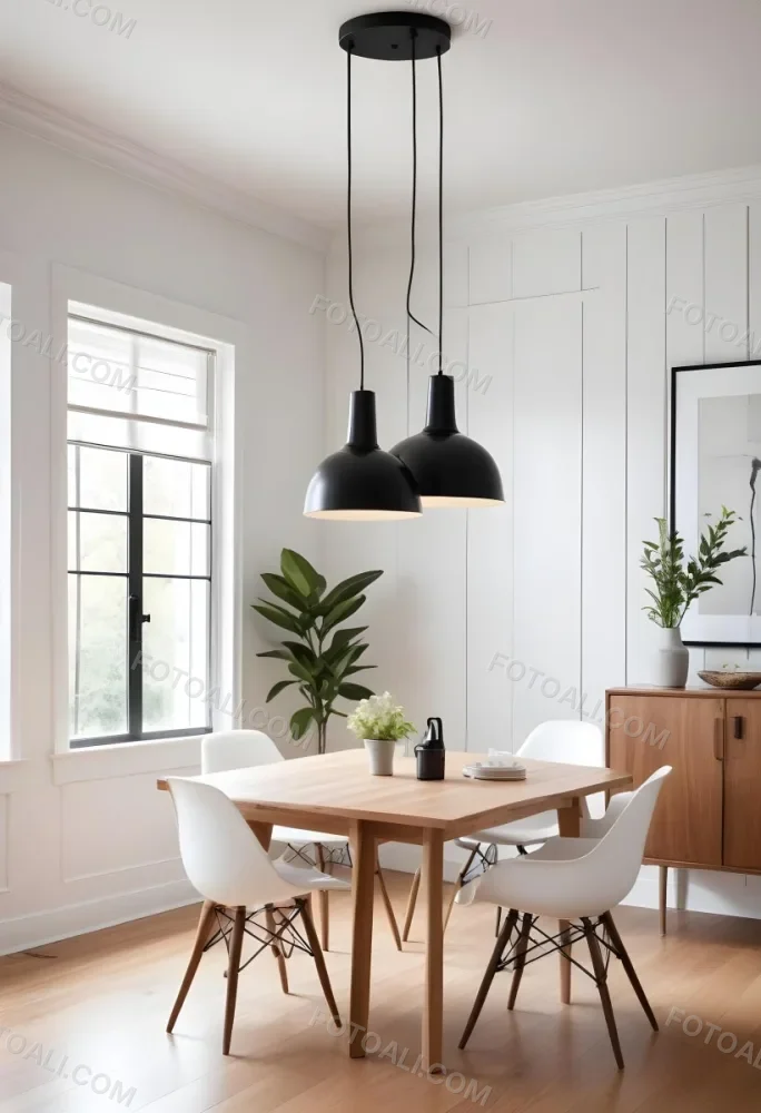 A Minimalist Dining Room With A Wooden Table Chairs And A Pendant Lamp Hanging Above The Table The Walls Are White 54 Bdf5