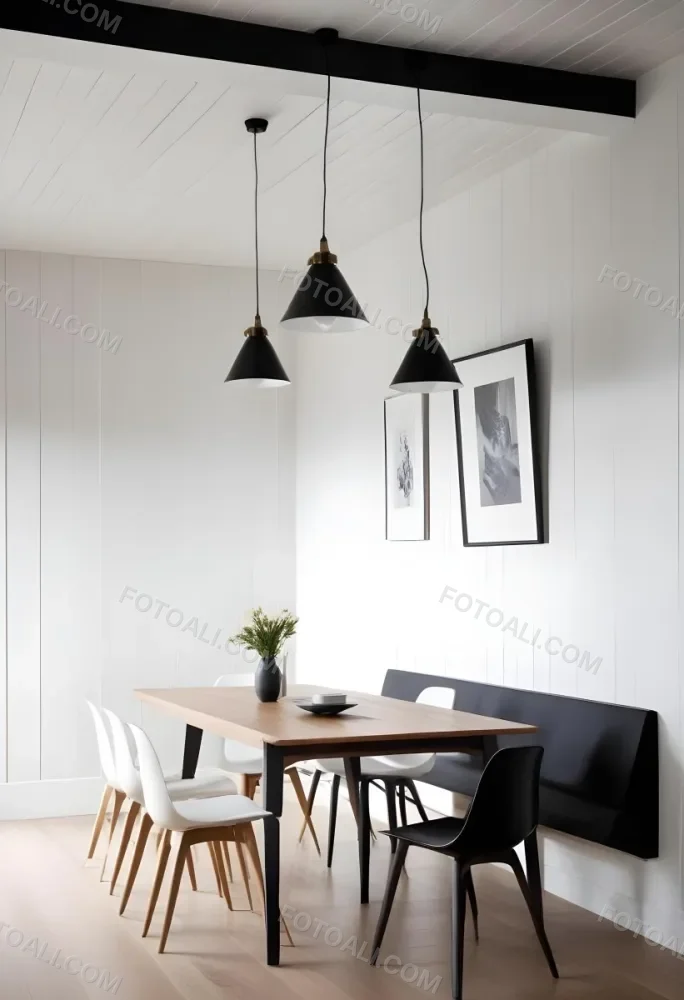 A Minimalist Dining Room With A Wooden Table Chairs And A Pendant Lamp Hanging Above The Table The Walls Are White 55 8f54