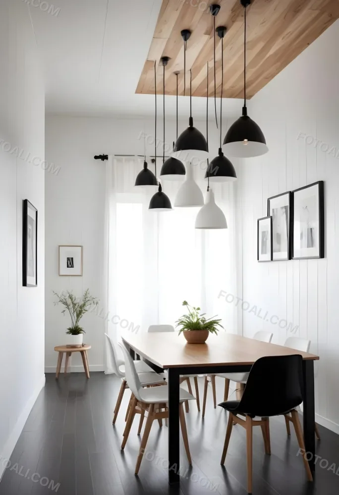 A Minimalist Dining Room With A Wooden Table Chairs And A Pendant Lamp Hanging Above The Table The Walls Are White 56 6547