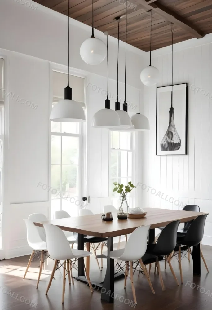 A Minimalist Dining Room With A Wooden Table Chairs And A Pendant Lamp Hanging Above The Table The Walls Are White 57 D507