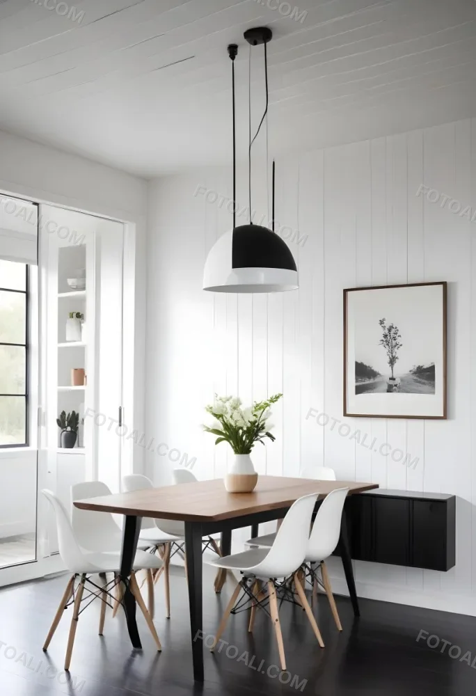 A Minimalist Dining Room With A Wooden Table Chairs And A Pendant Lamp Hanging Above The Table The Walls Are White 58 1626