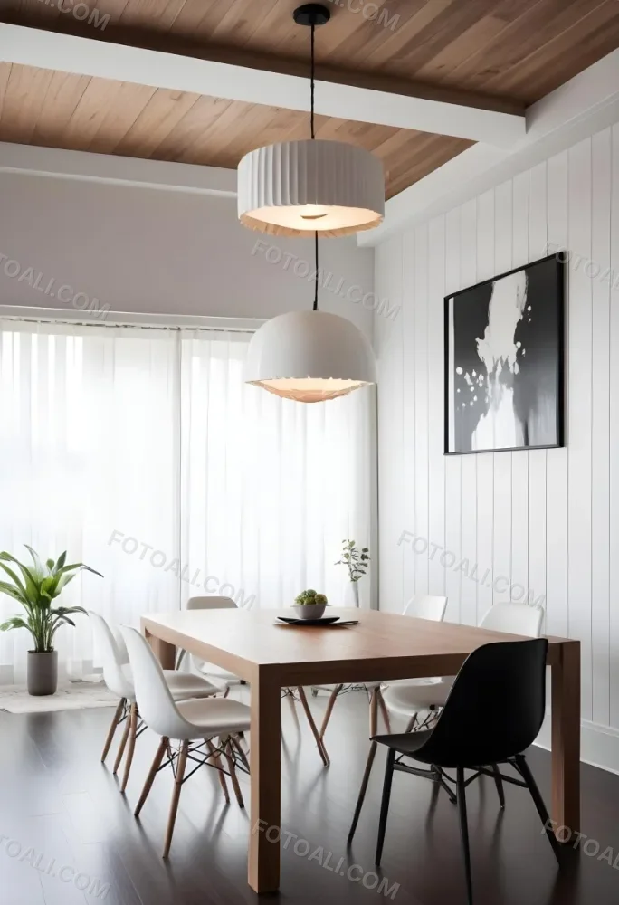 A Minimalist Dining Room With A Wooden Table Chairs And A Pendant Lamp Hanging Above The Table The Walls Are White 59 7962