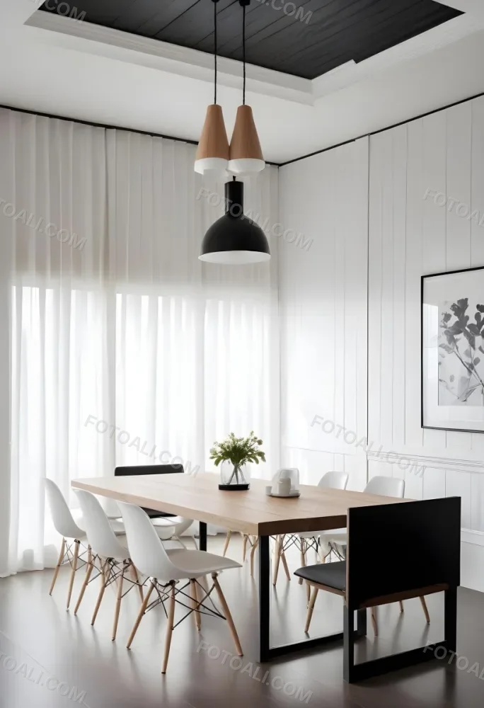 A Minimalist Dining Room With A Wooden Table Chairs And A Pendant Lamp Hanging Above The Table The Walls Are White 6 0df2