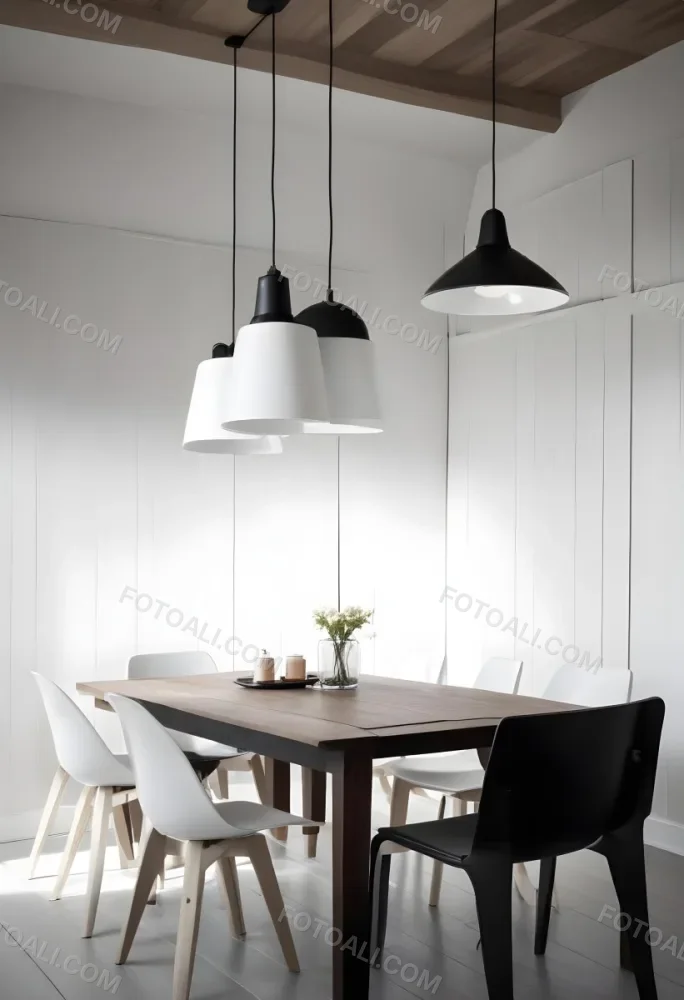 A Minimalist Dining Room With A Wooden Table Chairs And A Pendant Lamp Hanging Above The Table The Walls Are White 7 C3d8