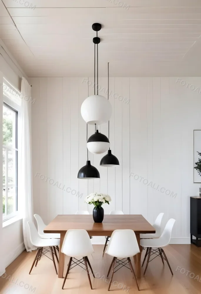A Minimalist Dining Room With A Wooden Table Chairs And A Pendant Lamp Hanging Above The Table The Walls Are White 9 Ab99
