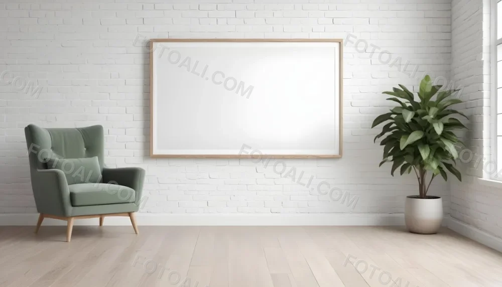 A Minimalist Interior Scene Featuring A White Brick Wall A Large Empty White Frame Mounted On The Wall A Light Colored Wooden Floor A Soft White Rug A Small Green Potted Plant Beside The Frame And A Simple Gray Ar 11 8590