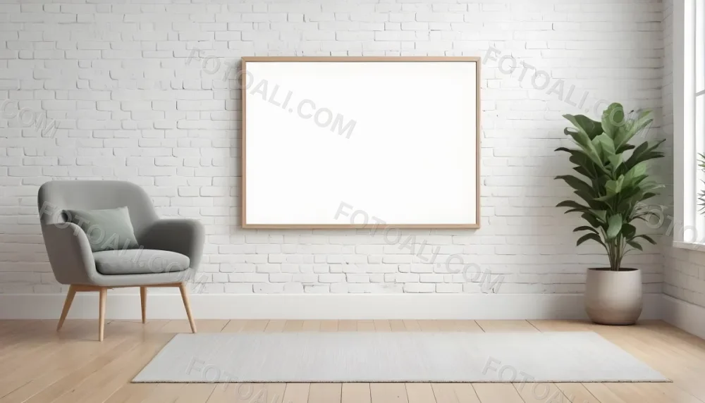 A Minimalist Interior Scene Featuring A White Brick Wall A Large Empty White Frame Mounted On The Wall A Light Colored Wooden Floor A Soft White Rug A Small Green Potted Plant Beside The Frame And A Simple Gray Ar 12 Caa5