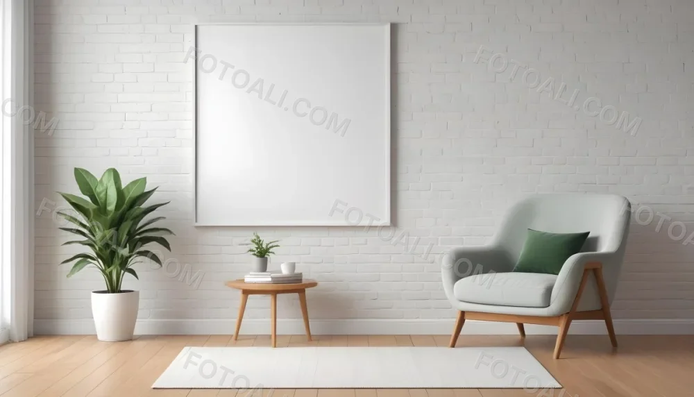 A Minimalist Interior Scene Featuring A White Brick Wall A Large Empty White Frame Mounted On The Wall A Light Colored Wooden Floor A Soft White Rug A Small Green Potted Plant Beside The Frame And A Simple Gray Ar 15 Ab7e