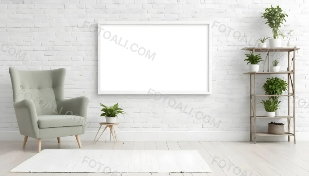 A Minimalist Interior Scene Featuring A White Brick Wall A Large Empty White Frame Mounted On The Wall A Light Colored Wooden Floor A Soft White Rug A Small Green Potted Plant Beside The Frame And A Simple Gray Ar 20 1a17