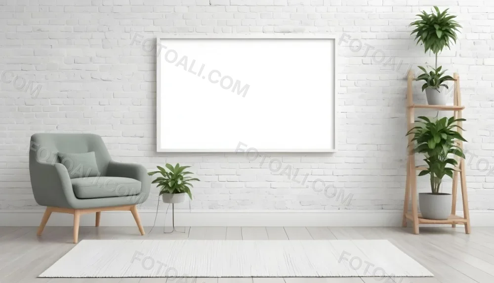 A Minimalist Interior Scene Featuring A White Brick Wall A Large Empty White Frame Mounted On The Wall A Light Colored Wooden Floor A Soft White Rug A Small Green Potted Plant Beside The Frame And A Simple Gray Ar 21 2cde