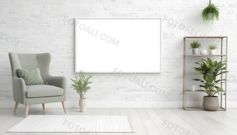 A Minimalist Interior Scene Featuring A White Brick Wall A Large Empty White Frame Mounted On The Wall A Light Colored Wooden Floor A Soft White Rug A Small Green Potted Plant Beside The Frame And A Simple Gray Ar 22 2943