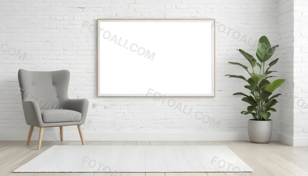 A Minimalist Interior Scene Featuring A White Brick Wall A Large Empty White Frame Mounted On The Wall A Light Colored Wooden Floor A Soft White Rug A Small Green Potted Plant Beside The Frame And A Simple Gray Ar 24 B383