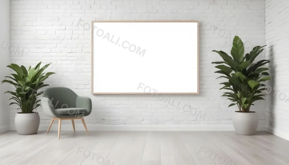 A Minimalist Interior Scene Featuring A White Brick Wall A Large Empty White Frame Mounted On The Wall A Light Colored Wooden Floor A Soft White Rug A Small Green Potted Plant Beside The Frame And A Simple Gray Ar 25 96ed
