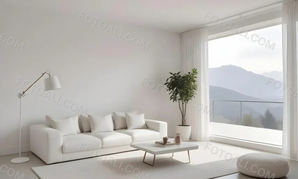 A Minimalist Interior Scene Featuring A White Brick Wall A Large Empty White Frame Mounted On The Wall A Light Colored Wooden Floor A Soft White Rug A Small Green Potted Plant Beside The Frame And A Simple Gray Ar 26 C287