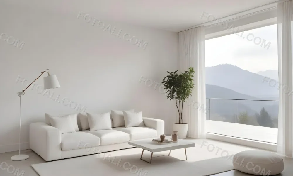 A Minimalist Interior Scene Featuring A White Brick Wall A Large Empty White Frame Mounted On The Wall A Light Colored Wooden Floor A Soft White Rug A Small Green Potted Plant Beside The Frame And A Simple Gray Ar 27 2d64