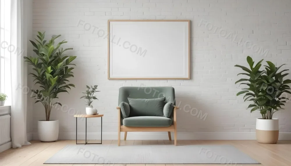 A Minimalist Interior Scene Featuring A White Brick Wall A Large Empty White Frame Mounted On The Wall A Light Colored Wooden Floor A Soft White Rug A Small Green Potted Plant Beside The Frame And A Simple Gray Ar 3 Bb01