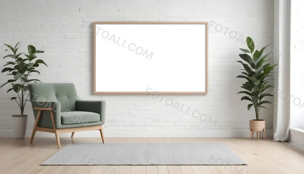 A Minimalist Interior Scene Featuring A White Brick Wall A Large Empty White Frame Mounted On The Wall A Light Colored Wooden Floor A Soft White Rug A Small Green Potted Plant Beside The Frame And A Simple Gray Ar 4 0c03