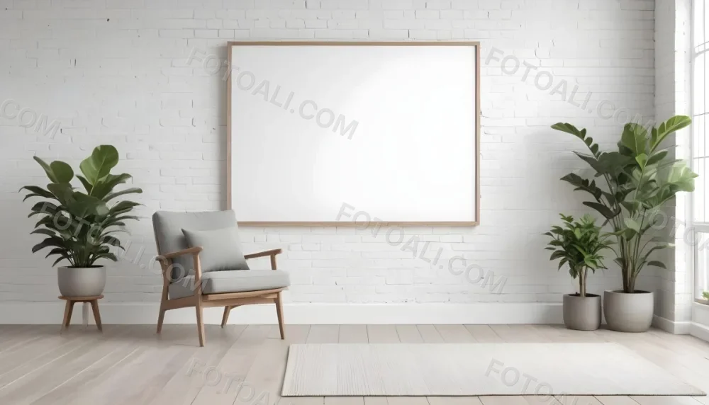 A Minimalist Interior Scene Featuring A White Brick Wall A Large Empty White Frame Mounted On The Wall A Light Colored Wooden Floor A Soft White Rug A Small Green Potted Plant Beside The Frame And A Simple Gray Ar 5 4e25