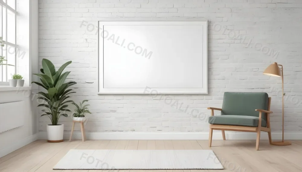 A Minimalist Interior Scene Featuring A White Brick Wall A Large Empty White Frame Mounted On The Wall A Light Colored Wooden Floor A Soft White Rug A Small Green Potted Plant Beside The Frame And A Simple Gray Ar 7 Afc4