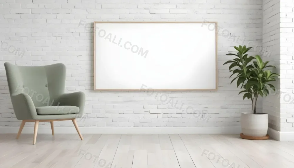 A Minimalist Interior Scene Featuring A White Brick Wall A Large Empty Wooden Frame Mounted On The Wall A Light Colored Wooden Floor A Cozy Green Armchair And A Small Green Plant In A Pot Beside The Chair A Soft Gray 10 A901