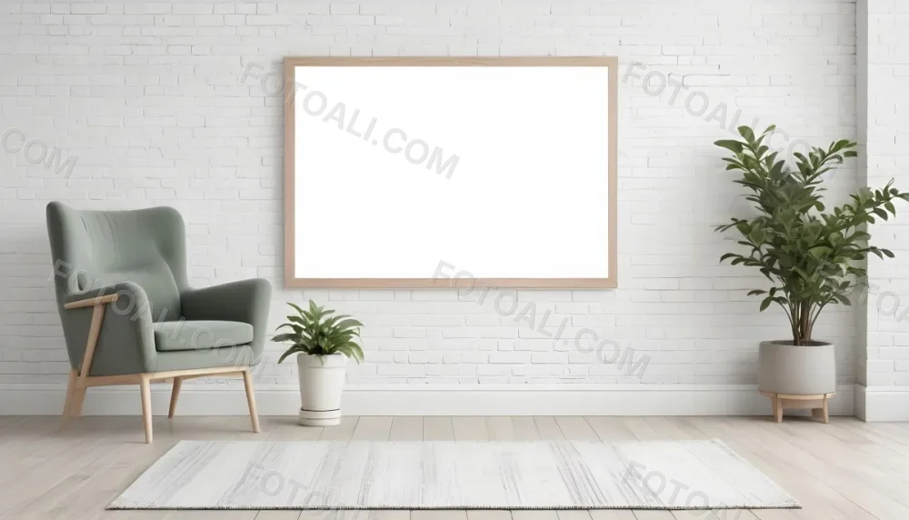 A Minimalist Interior Scene Featuring A White Brick Wall A Large Empty Wooden Frame Mounted On The Wall A Light Colored Wooden Floor A Cozy Green Armchair And A Small Green Plant In A Pot Beside The Chair A Soft Gray 16 Ddc9
