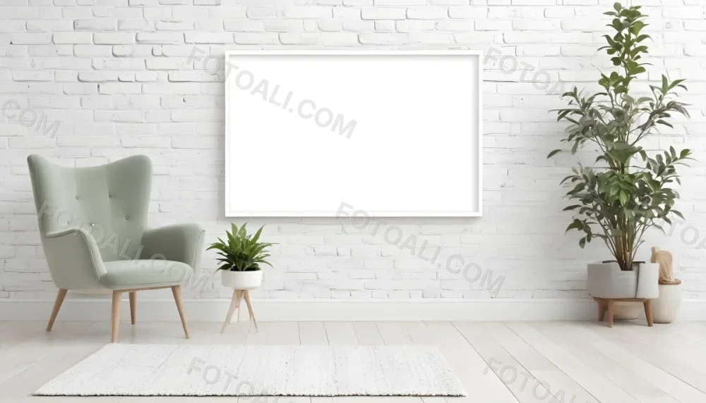 A Minimalist Interior Scene Featuring A White Brick Wall A Large Empty Wooden Frame Mounted On The Wall A Light Colored Wooden Floor A Cozy Green Armchair And A Small Green Plant In A Pot Beside The Chair A Soft Gray 20 A936