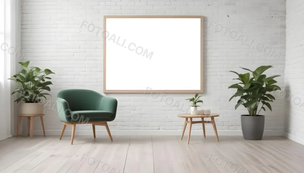 A Minimalist Interior Scene Featuring A White Brick Wall A Large Empty Wooden Frame Mounted On The Wall A Light Colored Wooden Floor A Cozy Green Armchair And A Small Green Plant In A Pot Beside The Chair A Soft Gray 26 564b