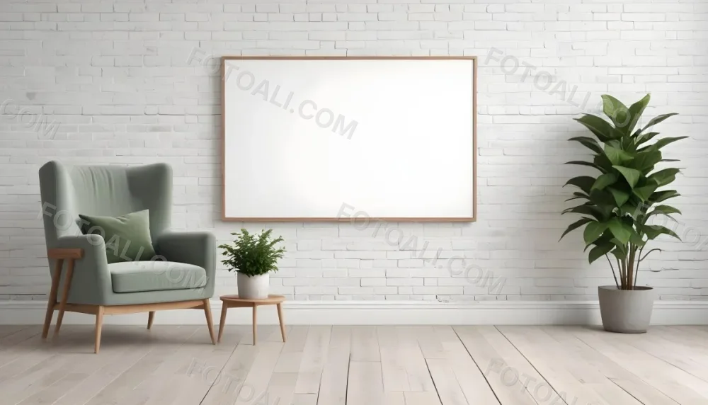 A Minimalist Interior Scene Featuring A White Brick Wall A Large Empty Wooden Frame Mounted On The Wall A Light Colored Wooden Floor A Cozy Green Armchair And A Small Green Plant In A Pot Beside The Chair A Soft Gray 33 F4de