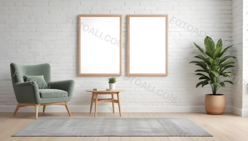 A Minimalist Interior Scene Featuring A White Brick Wall A Large Empty Wooden Frame Mounted On The Wall A Light Colored Wooden Floor A Cozy Green Armchair And A Small Green Plant In A Pot Beside The Chair A Soft Gray 36 733c