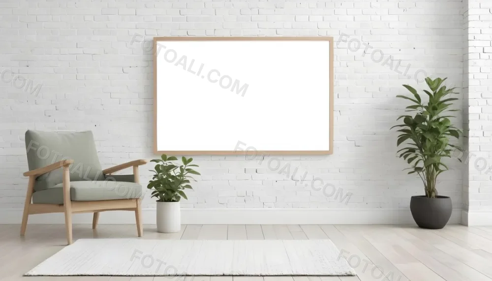 A Minimalist Interior Scene Featuring A White Brick Wall A Large Empty Wooden Frame Mounted On The Wall A Light Colored Wooden Floor A Cozy Green Armchair And A Small Green Plant In A Pot Beside The Chair A Soft Gray 42 A02b