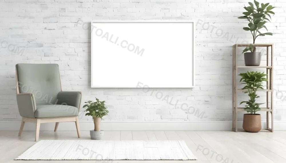 A Minimalist Interior Scene Featuring A White Brick Wall A Large Empty Wooden Frame Mounted On The Wall A Light Colored Wooden Floor A Cozy Green Armchair And A Small Green Plant In A Pot Beside The Chair A Soft Gray 44 8b73