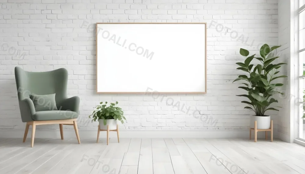 A Minimalist Interior Scene Featuring A White Brick Wall A Large Empty Wooden Frame Mounted On The Wall A Light Colored Wooden Floor A Cozy Green Armchair And A Small Green Plant In A Pot Beside The Chair A Soft Gray 45 7fdc