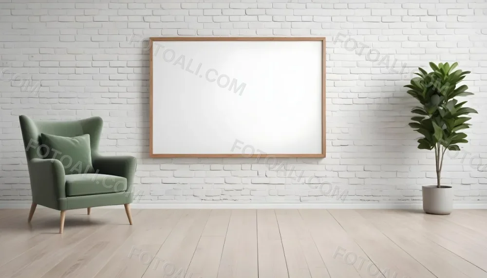 A Minimalist Interior Scene Featuring A White Brick Wall A Large Empty Wooden Frame Mounted On The Wall A Light Colored Wooden Floor A Cozy Green Armchair And A Small Green Plant In A Pot Beside The Chair A Soft Gray 46 D935