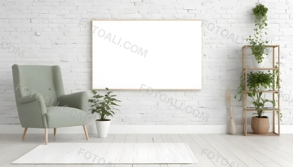 A Minimalist Interior Scene Featuring A White Brick Wall A Large Empty Wooden Frame Mounted On The Wall A Light Colored Wooden Floor A Cozy Green Armchair And A Small Green Plant In A Pot Beside The Chair A Soft Gray 47 E0ce
