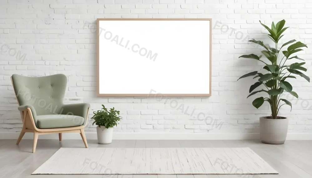 A Minimalist Interior Scene Featuring A White Brick Wall A Large Empty Wooden Frame Mounted On The Wall A Light Colored Wooden Floor A Cozy Green Armchair And A Small Green Plant In A Pot Beside The Chair A Soft Gray 6 2c62